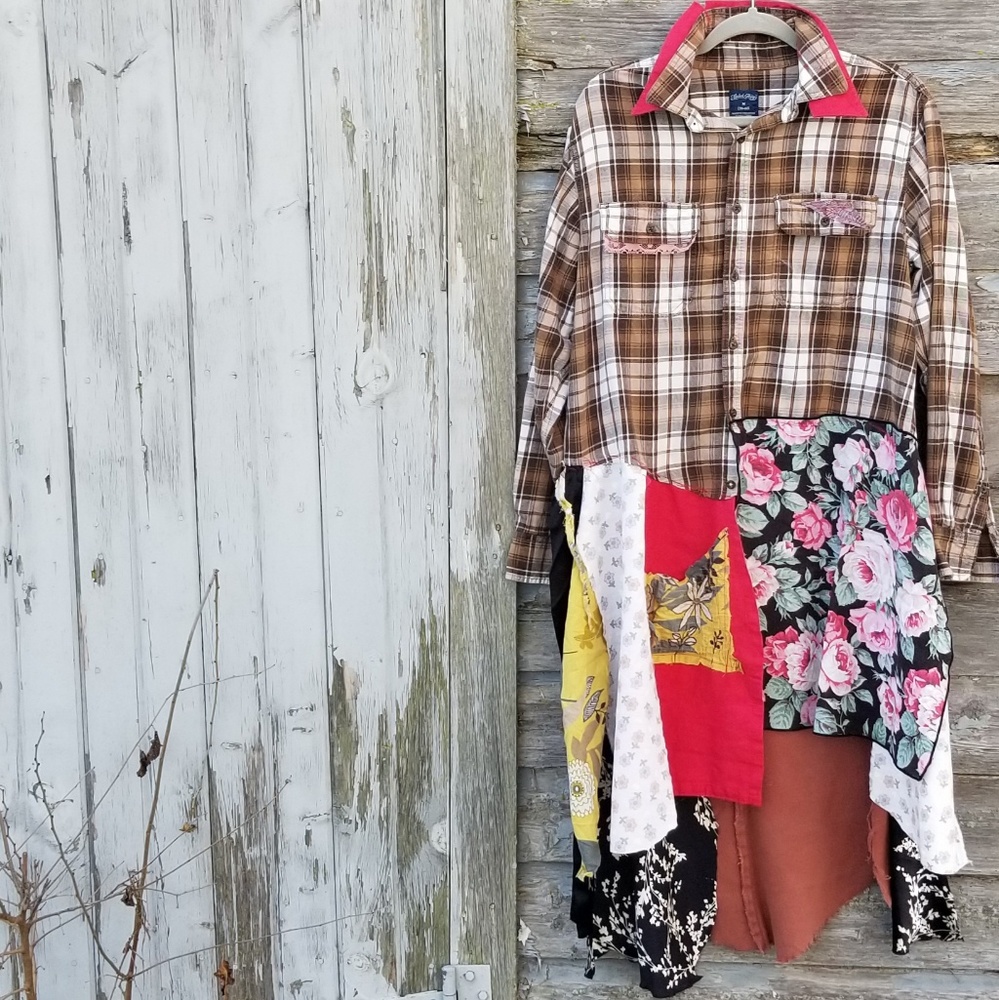 Boho Patchwork Flannel Jacket Dress Upcycled